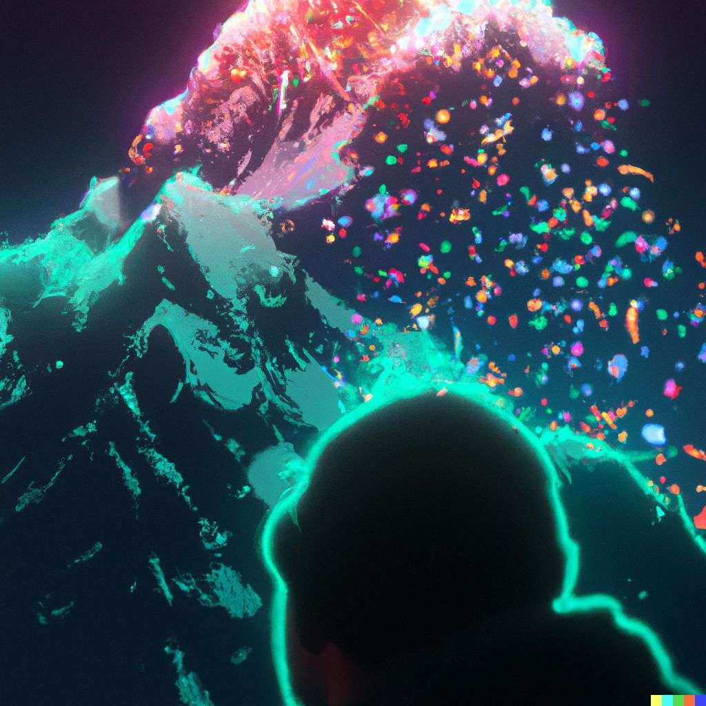 someone gazing at Mount Everest, made from glowing multicolored luminescent particles, digital art